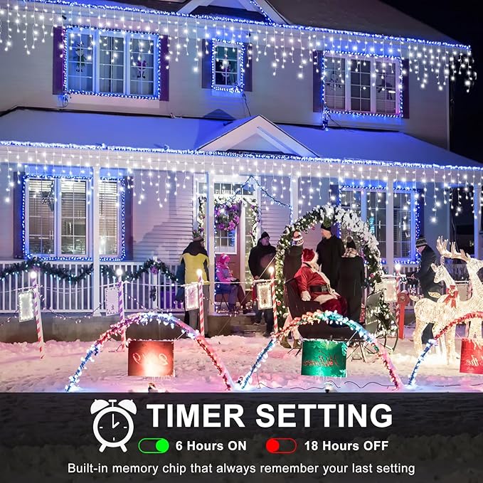 Icicle Lights for Outside 33FT 400 LED Icicle Christmas Lights Outdoor with 8 Modes 75 Drops Waterproof Plug in Curtain String Lights for Indoor House Yard Wedding Xmas Holiday Decorations White