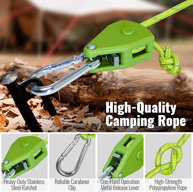 Camping Rope Reflective Tent Rope Guyline with Ratchet Pulley Tarp Tie Down Ropes for Tent Tarp Canopy Shelter Camping 13ft Adjustable Guy Line for Canopy Tent 6 Pack Guy Lines Tents Cords