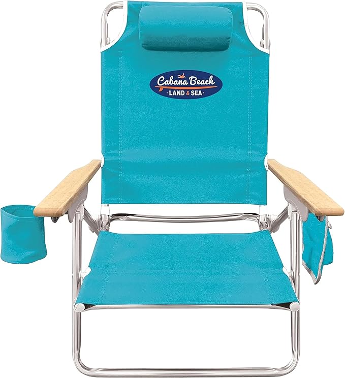 Cabana Beach Folding Beach Chair 5 Position Lightweight Portable Reclining Outdoor Camping Accessories with Headrest Shoulder Strap and Cup Holder Blue