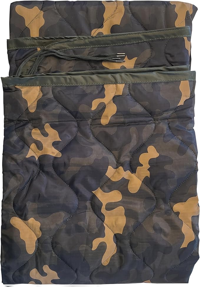 BATTLBOX Woodlands Camo Woobie Bubbie Military Style Poncho Liner and Sleeping Bag (with Zipper) and Tie Down Straps