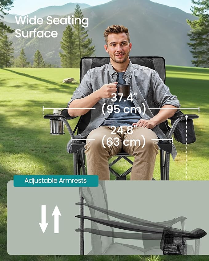 SONGMICS Oversized Lumbar Support Camping Chair Heavy-Duty Outdoor Folding Chair Comfortable Padded Glamping Cooler Bag Weight Capacity 450 lb Ink Black UGCB066B01
