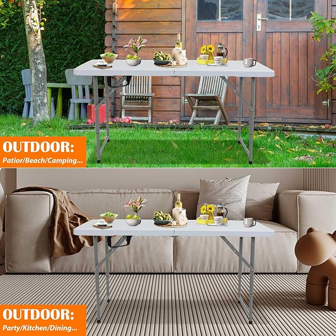Portable Folding Table - 4 Foot White Plastic Camp Table with Steel Legs &amp Built-in Handle