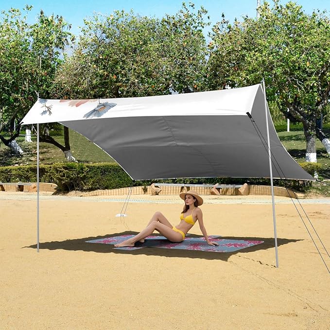 Wildflowers Pattern Beach Tent Sun Shelter 9.2' x 10.5' Beach Canopy with 4 Sandbags 4 Stability Poles Sand Shovels - Tent Canopy for Beach Camping Fishing Picnics