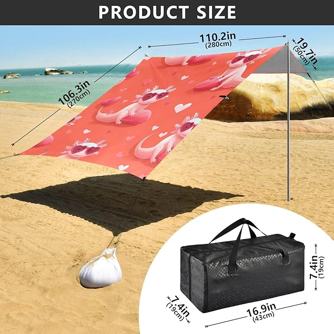 ALAZA Axolotl Salamander Sunglasses Heart Beach Tent Sun Shelter UPF50+ Protection Beach Shade Canopy w/ 4 Sandbags for Outdoor Camping Fishing Backyard Fun Picnic 10x9 ft