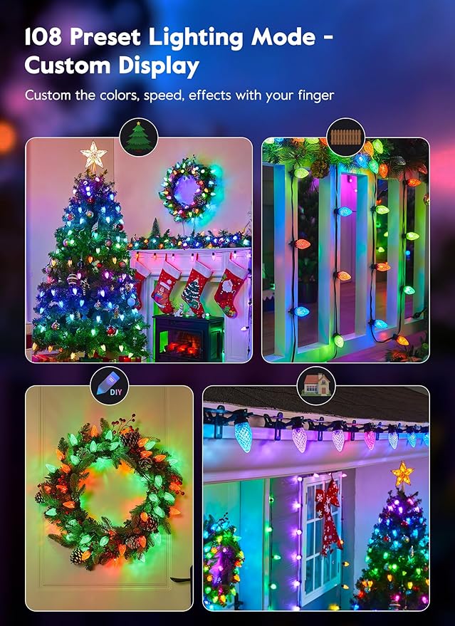 Brightown Smart C9 LED Christmas Lights 150 LED RGB C9 String Light with Remote App Control Music Sync Connectable Waterproof Outdoor Christmas Lights for House Tree Patio Holiday Xmas Decor