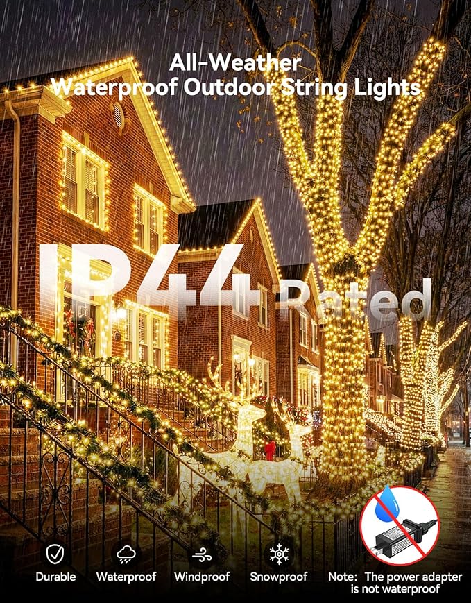 LitHome 99FT 300 LED String Lights Outdoor Waterproof 8 Modes Christmas Lights Plug In Green Wire Warm White String Light with Timer &amp Memory Function Tree Light Outdoor for Xmas Garden Patio D
