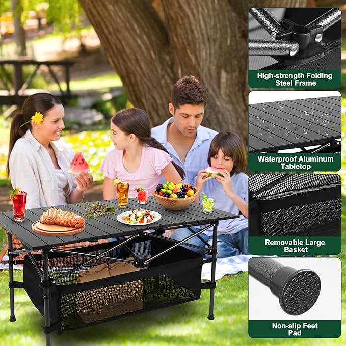 Portable Camping Table Outdoor Folding Table with Basket Storage and Carrying Bag Ultralight Aluminum Alloy Roll-up Top Design for Camping Picnic BBQ Beach Party