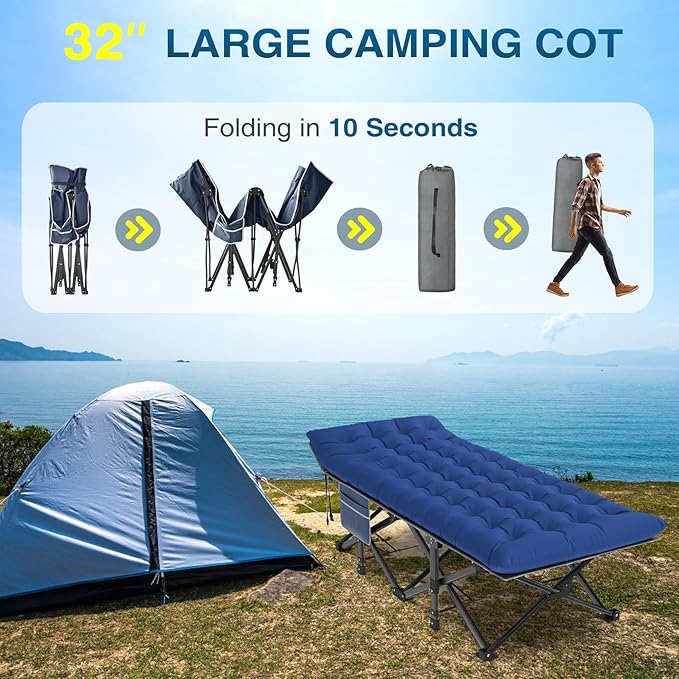ZENPETIO Oversized XXL Folding Camping Cot Heavy Duty Sleeping Cot for Adults with Mattress and Pillow Portable Cot Bed with Carry Bag for Outdoor Camp Travel Home Guest Office 78x32x18