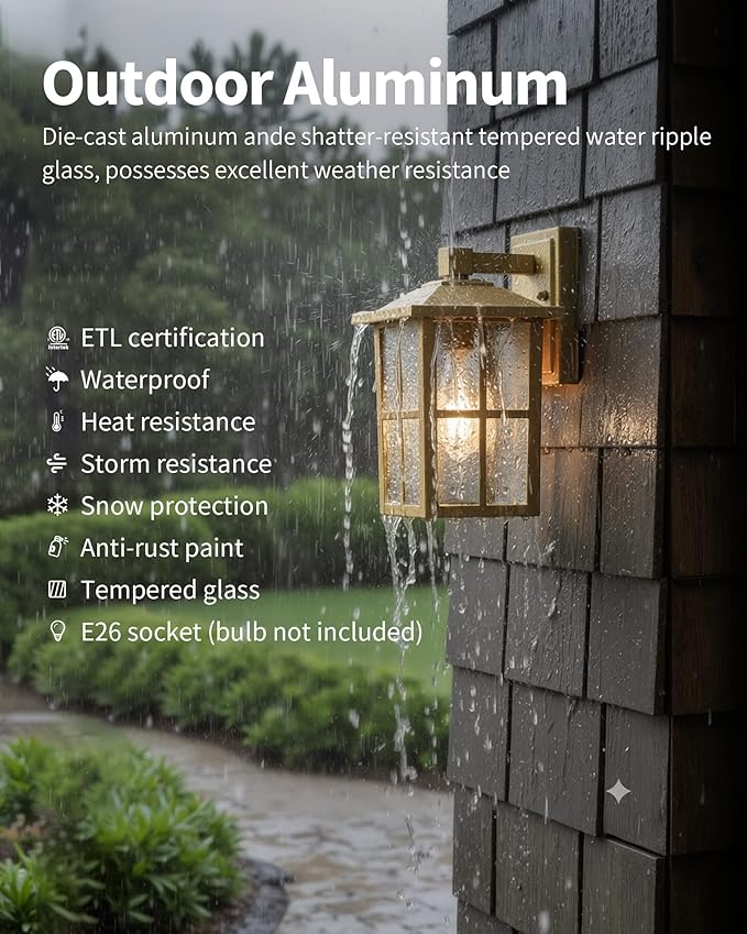 KDG Outdoor Waterproof Patio Wall Light Fixtures Set of 2 Gold E26 Socket Exterior Lanterns with Tempered Glass Modern Wall Mounted Lamp Suitable for Home Front Door Garden Garage Porch