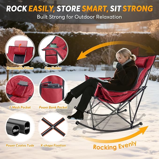 Suteck Heated Rocking Camping Chair - Oversized Heated Camping Chair W/20000mAh Power Bank &amp Carry Bag Fully Padded Heated Chairs for Outdoor Sports W/3 Heat Levels for Back &amp Seat Lawn Picn
