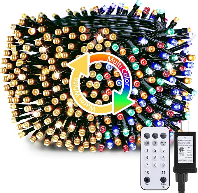 Minetom Christmas Tree Lights 66ft 200 LED Outdoor Christmas Lights with Remote 8 Modes String Lights Plug in with Timer for Outside Party Decor Warm White &amp Multicolor