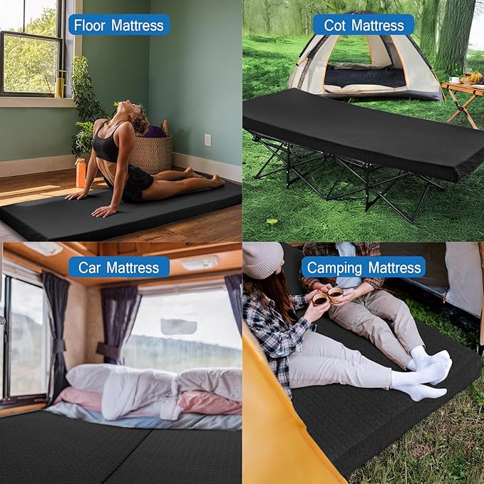 Memory Foam Camping Mattress Pad 3 Inch Thick Portable Sleeping Pad with Waterproof Cover Portable Roll Up Cot Mattress Pad Floor Mat for Travel Truck Bed Tent 72 x 24x 3