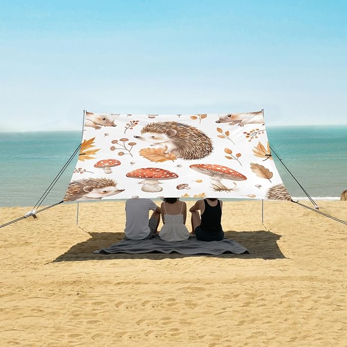 Cute Hedgehogs Beach Tent Sun Shelter 9.2' x 10.5' Beach Canopy with 4 Sandbags 4 Stability Poles Sand Shovels - Tent Canopy for Beach Camping Fishing Picnics