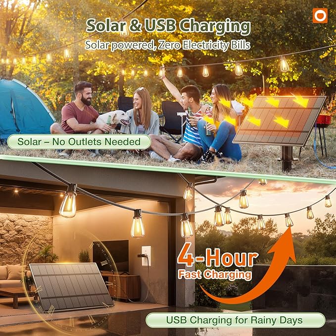 addlon 102(96+6) FT Solar String Lights WaterproofPatio Light Solar Powered with Remote &amp USB Port 3 Modes 30+2 LED Shatterproof Bulbs Outdoor Lighting for Camping Backyard Garden