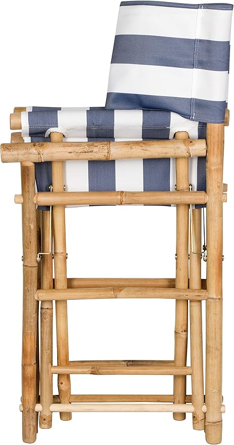 Statra Folding Director Chair Bamboo Portable Camping Outdoor Set of 2 Blue White Stripes