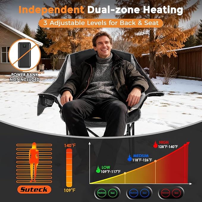 Suteck Heated Camping Chair Oversized Heated Chairs W/3 Heat Levels &amp 2 Heating Zones Portable Heated Folding Chair Use for Outdoor Sports Camping Lawn Battery NOT Included