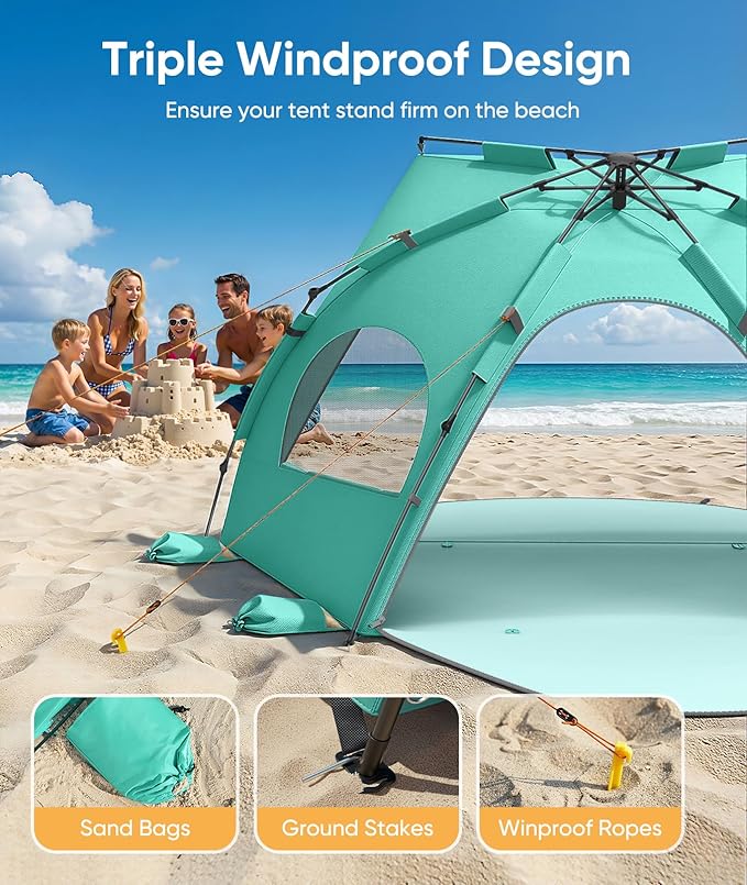 Beach Tent Sun Shelter for 5-6 Person Pop Up Beach Canopy UPF 30+ UV Protection Breathable Mesh Window Portable Sun Shade Tent with Carrying Bag for Sands &amp Outdoor Mint Green Size XL