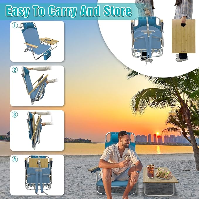 Folding Backpack Beach Chair for Adults &amp Teens Aluminum 5-Position Lay Flat Lounge Chair with Camping Bamboo Table 200LBS Beach Reclining Chair Outdoor with Cooler Bag Blue