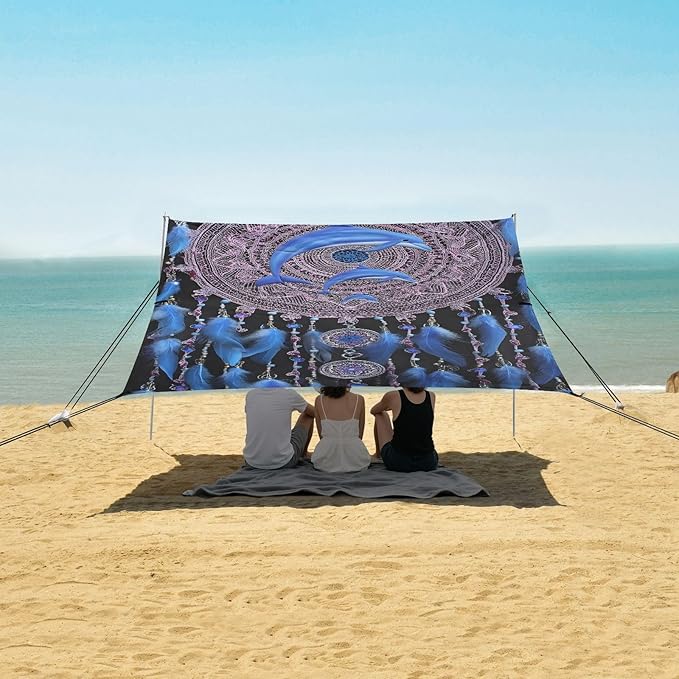 ALAZA Dolphin Dreamcatcher Beach Tent Sun Shelter UPF50+ Protection Beach Shade Canopy w/ 4 Sandbags for Outdoor Camping Fishing Backyard Fun Picnic 10x9 ft