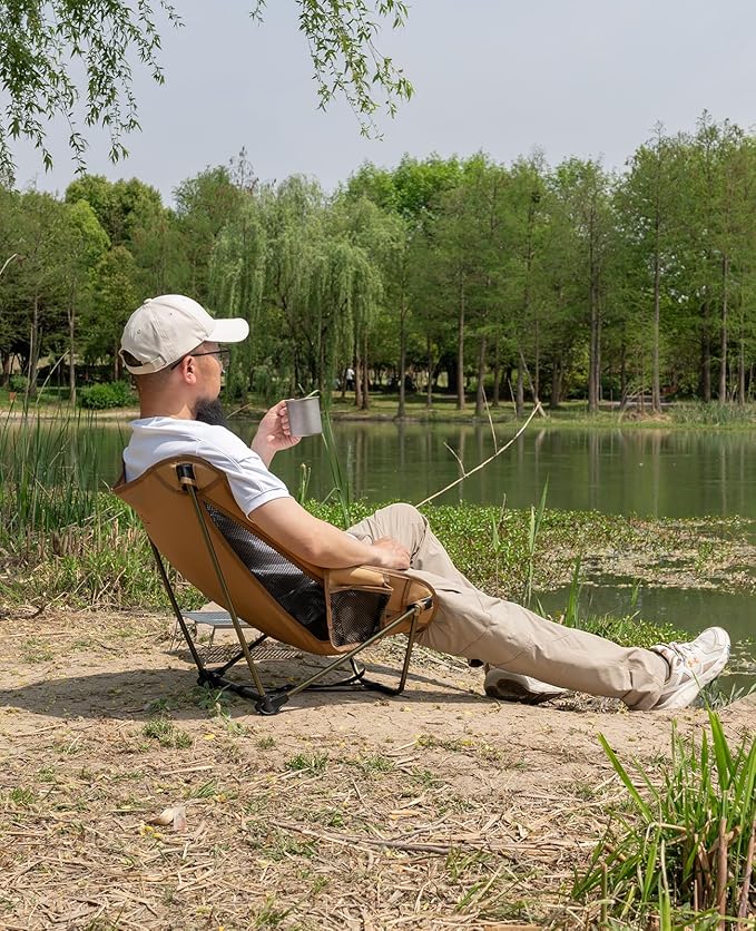 iClimb Low Ultralight Compact Camping Folding Chair with Side Pocket and Carry Bag (Khaki)