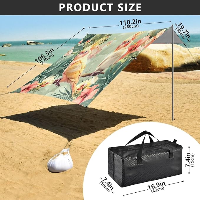 Cockatiels with Flowers Beach Tent Sun Shelter 9.2' x 10.5' Beach Canopy with 4 Sandbags 4 Stability Poles Sand Shovels - Tent Canopy for Beach Camping Fishing Picnics