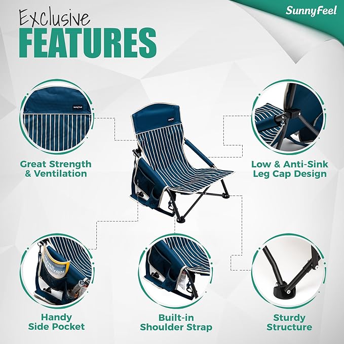 SUNNYFEEL Folding Low Camping Beach Chair 2 Pack Portable Backpacking Chairs with Cup HolderCarry Bag Compact &amp Heavy Duty for Adults 300 LBS for Outdoor Picnic Fishing Sand Lawn