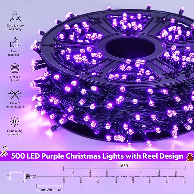 JMEXSUSS 500 LED Purple Christmas Lights 173ft 8 Modes Christmas String Lights Outdoor Waterproof Green Wire Purple LED Light for Indoor Party House Xmas Decorations