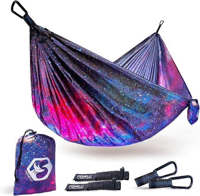 Foxelli Camping Hammock – Ultralight Hammock for Backpacking Hiking Festivals Travel - Easy Setup with Tree-Friendly Ropes &amp Steel Carabiners Heavy Duty Parachute Nylon