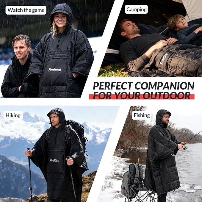 Camping Blanket with Zipper Pocket 85'' x 61'' Large Wearable Hooded Blanket Ultralight Warm Sleeping Bag Windproof Camping Poncho for Outdoor Stadium Sports Gaming Hiking Picnic Concerts