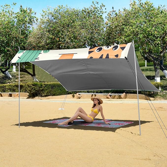 Cartoon Simple Cactus Cute Tiger Face Camping Sun Shelter Beach Tent Portable Beach Sun Shade Outdoor Canopy for Camping Trips Fishing Picnic
