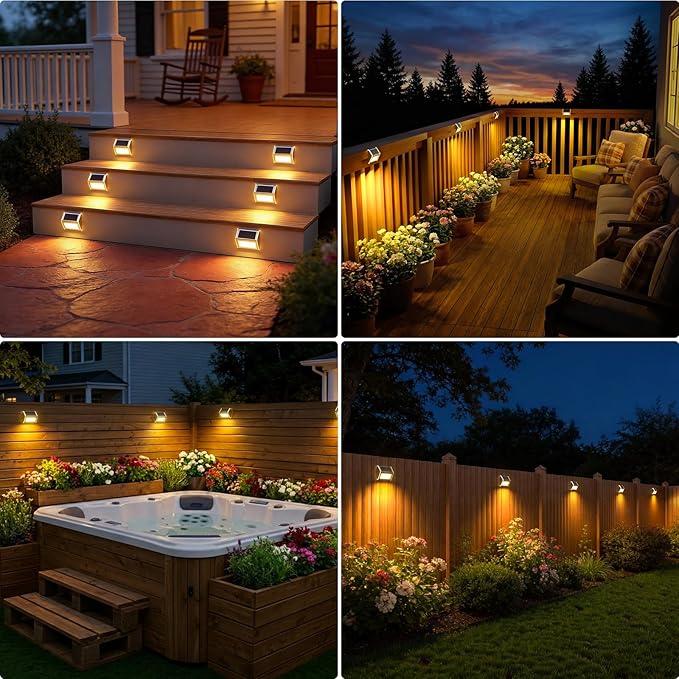 JSOT Solar Lights Outdoor for DeckWaterproof Solar Powered Steps Light Outdoor Wireless LED Lamp Fence Lighting Walkway Patio Stair Garden Path Rail Backyard Fences Post 8 Pack Warm White