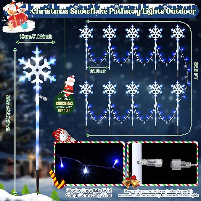 10 Pcs Christmas Snowflake Pathway Stake Lights for Outdoor Yard 370 Bright LEDs Waterproof Large Christmas Snowflake Light Decoration for Garden Lawn Driveway Walkway Decor (Blue White)