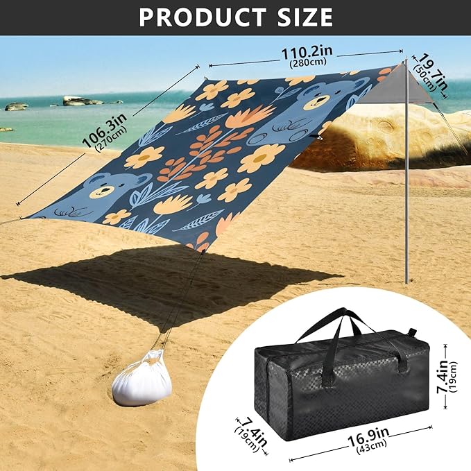 Bear and Flower Camping Sun Shelter Beach Tent Portable Beach Sun Shade Outdoor Canopy for Camping Trips Fishing Picnic