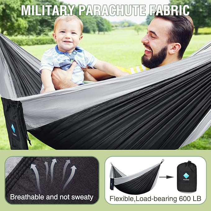 Double Hammocks for Camping Portable Parachute Hammock for Outdoor Hiking Travel Backpacking - Hammocks Swing for Backyard &amp Garden 78''W 118''L (Khaki/Green)
