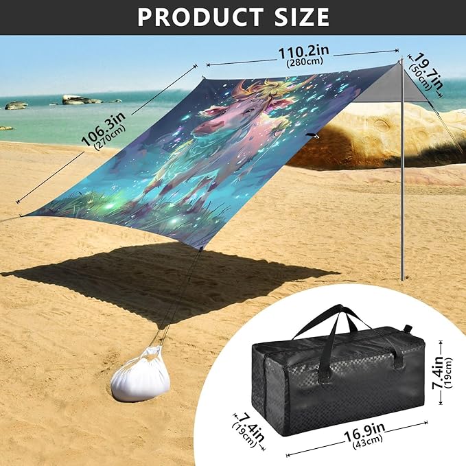 ALAZA Cow Butterfly Starry Beach Tent Sun Shelter UPF50+ Protection Beach Shade Canopy w/ 4 Sandbags for Outdoor Camping Fishing Backyard Fun Picnic 10x9 ft