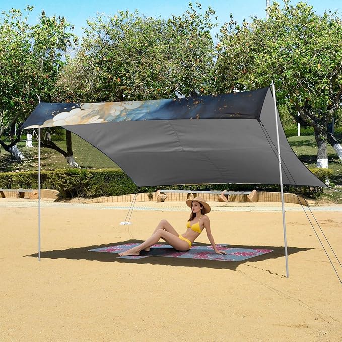 ALAZA Flowers Blue Marble Beach Tent Sun Shelter UPF50+ Protection Beach Shade Canopy w/ 4 Sandbags for Outdoor Camping Fishing Backyard Fun Picnic 10x9 ft