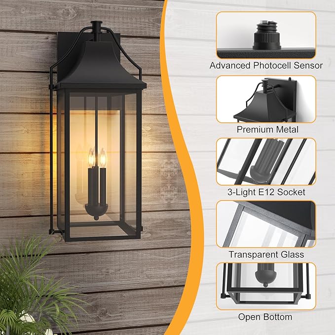 25-INCH Dusk to Dawn Outdoor Wall Light Large Size Waterproof Patio Lanterns 3-Light Exterior Wall Mount Lantern Sconce with Glass Black Wall Sconces for House Garage Front Door