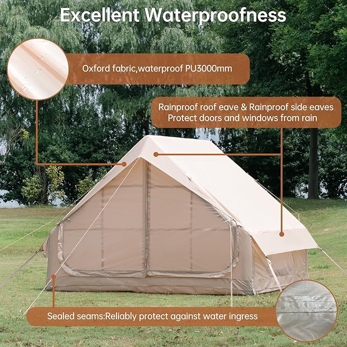 Inflatable Camping Tent with Hand Pump Waterproof Outdoor Blow up Tent 2-8 Person Oxford 4 Season Glamping Air Tent Cabin House with Mesh Windows &amp Door
