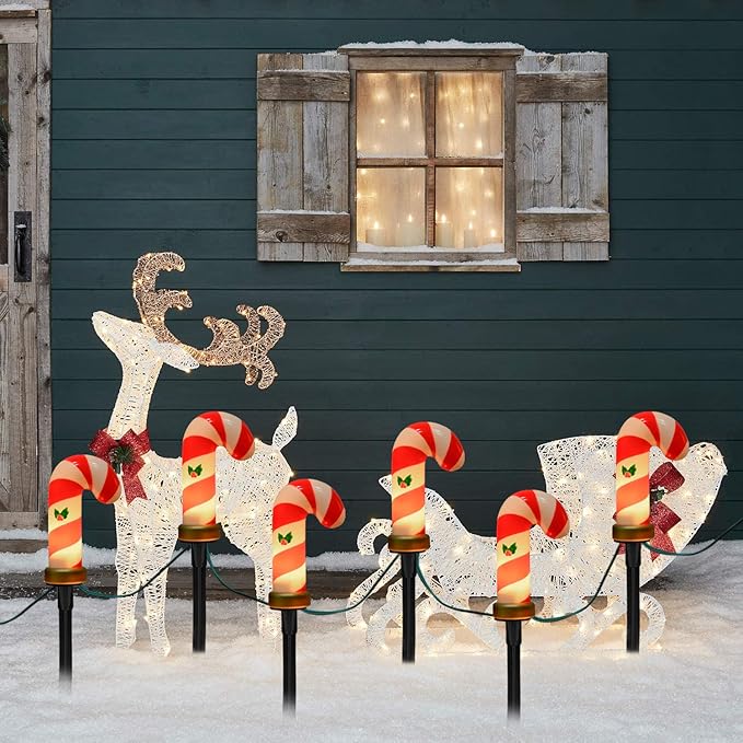 C7 Christmas Pathway String Lights Set of 8 Christmas Candy Cane Driveway Markers with 4 C7 Clear Bulbs Waterproof String Lights for Pathway Decor Outdoor Decoration