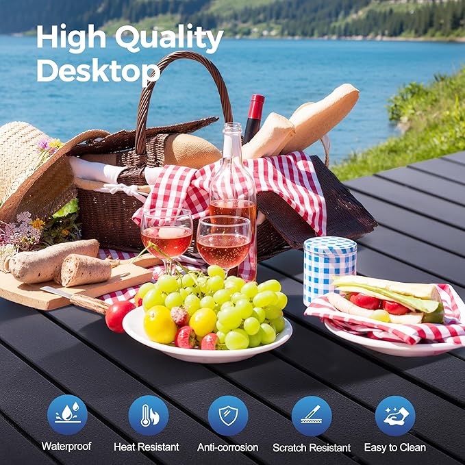 ALPHA CAMP Portable Camping Table Adjustable Aluminum Folding Table for Picnic BBQ Outdoor Black 21.65D x 33.07W x 26.77H in