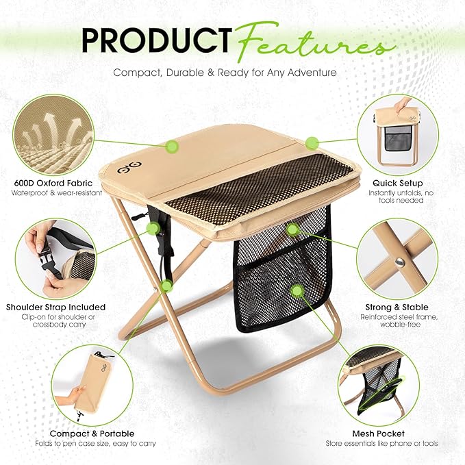 Camping Stool Upgraded FoldableStool Aluminum Alloy Bracket Portable outdoorfolding Chair with Pocket for Queuing FishingHiking Tours BBQ Parties Outdoor Camping Accessories(Khaki)