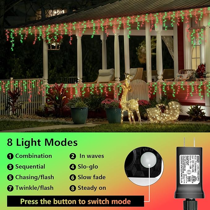YEGUO 66ft 800 LED Red and Green Icicle Lights Outdoor Waterproof 160 Drops Icicle String Lights Connectable 8 Modes Icicle Christmas Lights with Memory Timer