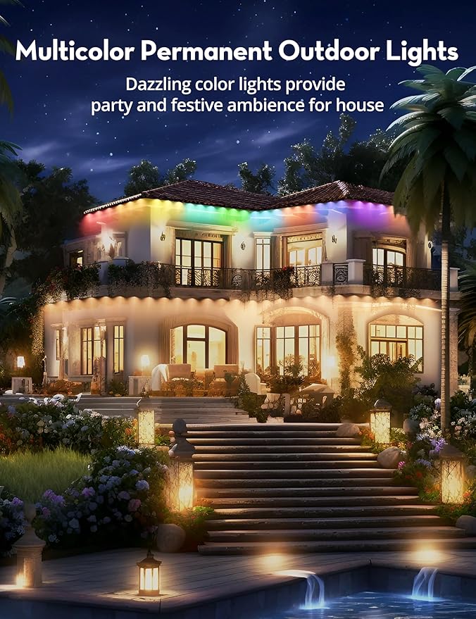 RGB+IC Permanent Outdoor Lights 100Ft Smart Eave Lights String Lights IP67 Waterproof for House Garden Christmas Decor Birthday Gift with Alexa Google Assistant APP/Remote Control