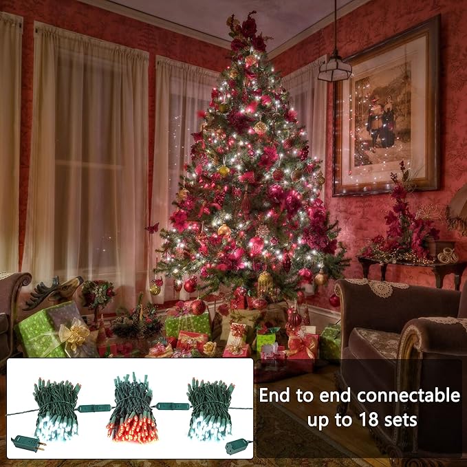 ODEETRONIC Red &amp White Christmas Lights 33ft 100LED Gentle Twinkle Christmas Tree Lights 5mm Wide Angle Mini Light Connectable 120V UL Certified Xmas String Light for Indoor Outdoor Green Wire