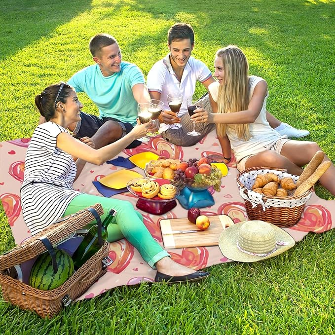 Waterproof Sandproof Beach Blanket 59''×68'' Shape-Heart Polyester Outdoor Picnic Blanket with 4 Stakes &amp Storage Bag for BeachCampingVacation Orange &amp Purple