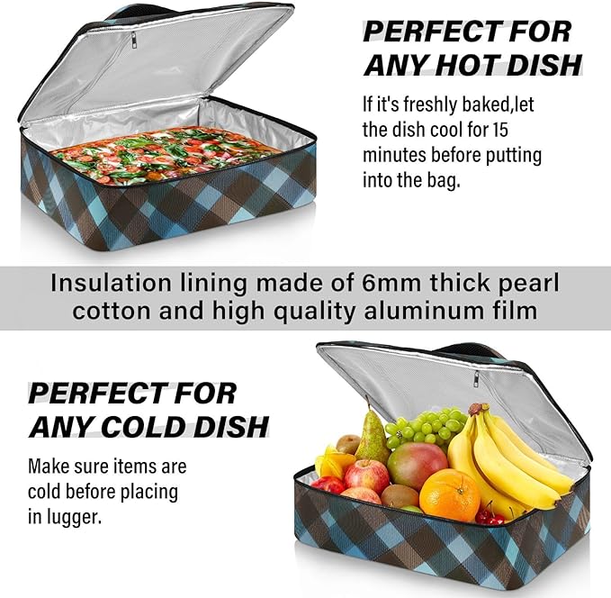 Casserole Carrier Blue and Brown Tartan Pattern Print Insulated Casserole Carrier for Hot or Cold Food Thermal Lunch Tote for Parties Picnic Travel Carry Bag