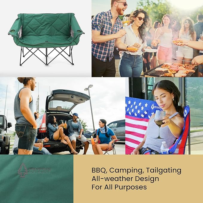 ARROWHEAD OUTDOOR 2-Pack Portable Folding Camp Loveseat Chair w/Glass &amp Cup Holders Heavy Duty Carry Bag 650 lbs Weight Capacity