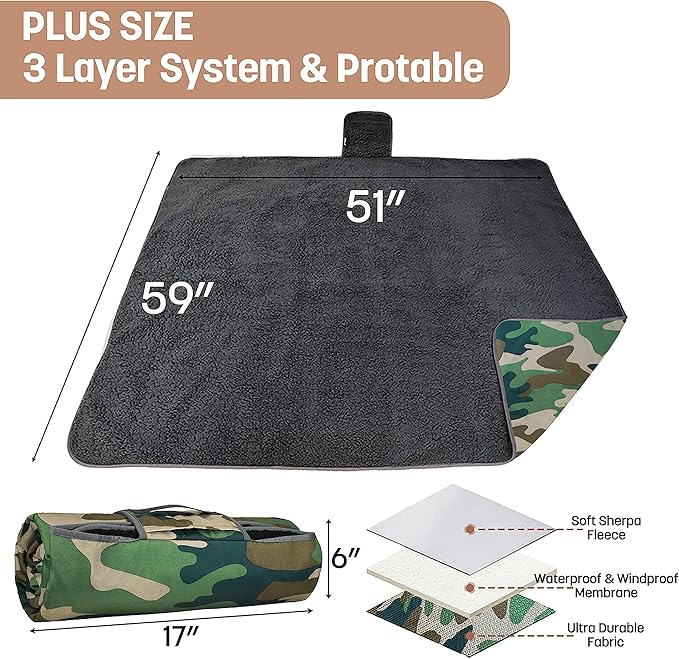 Tirrinia Waterproof Outdoor Blanket with Sherpa Lining Windproof Triple Layers Warm Comfy Foldable for Camping Stadium Beach Picnic Grass Concerts Car Dog 51''X 59'' &amp 59''X 80''