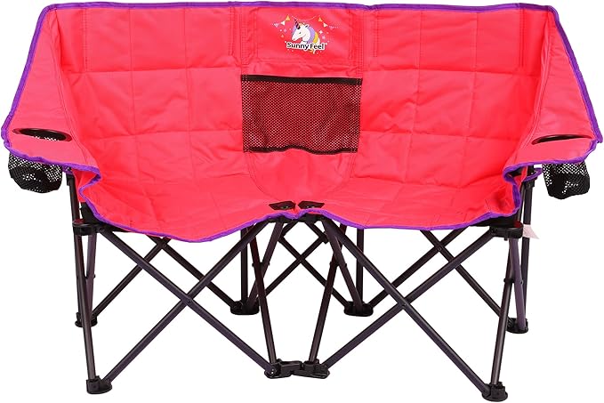 SUNNYFEEL Kids Folding Double Camping Chair Portable Kids Camping Chairs 2 Seat Chair Pink Padded Foldable Lawn Chairs with Cup Holder for Beach/Outdoor/Travel/Picnic Foldable Camp Chairs 2 Person