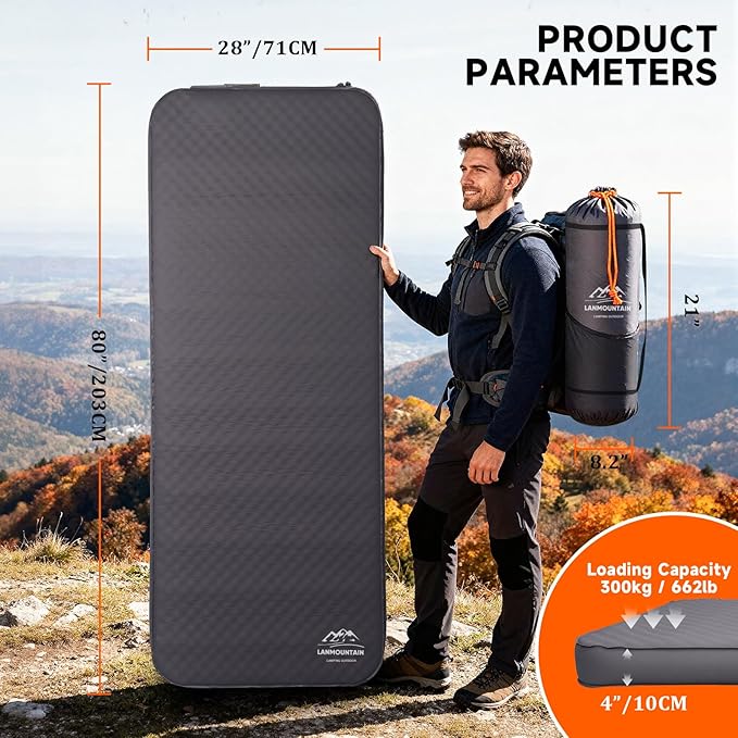 Self Inflating Sleeping PadMemory Foam Camping Mattress w/Detachable Electric Pump4 - Inch Thick Memory Foam for Ultimate Comfort for IndoorOutdoorRoad Trip4 - Season UseGray